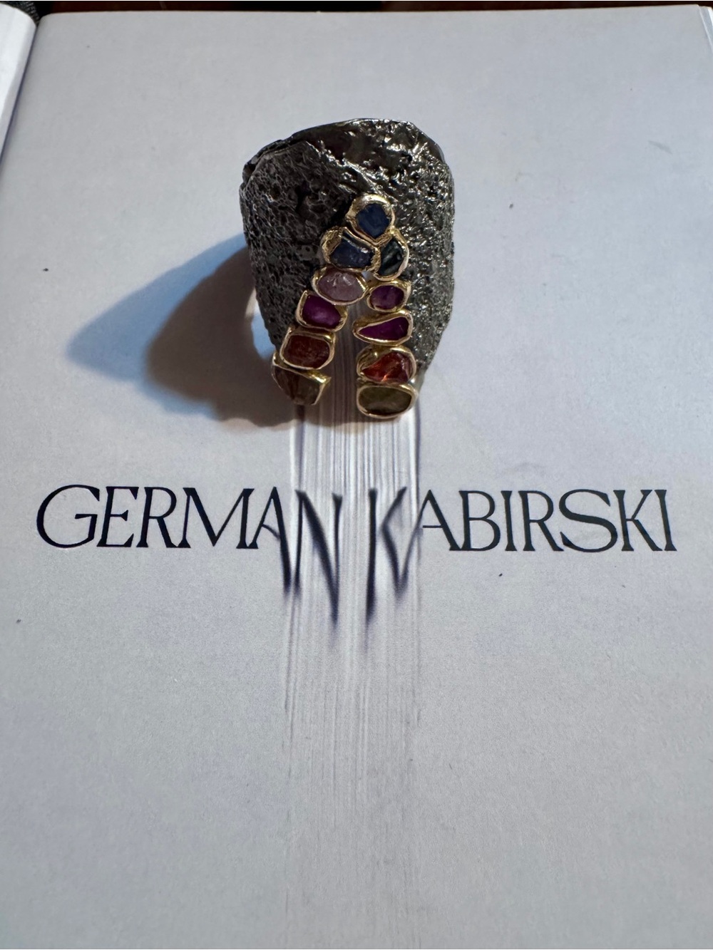 Textured Gold-Tone Women's Ring with Pink and Orange Gem Accents